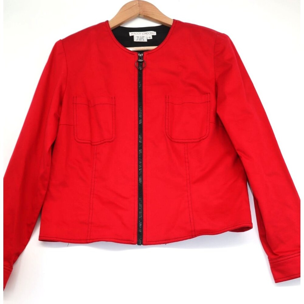 Maggy London Red Zip-Up Jacket Pockets Round Neckline Sz 12 Preppy Office Career
